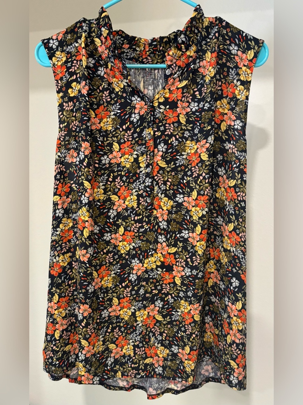 LOFT Mixed Material Sleeveless Top with Orange & Yellow Floral Print
